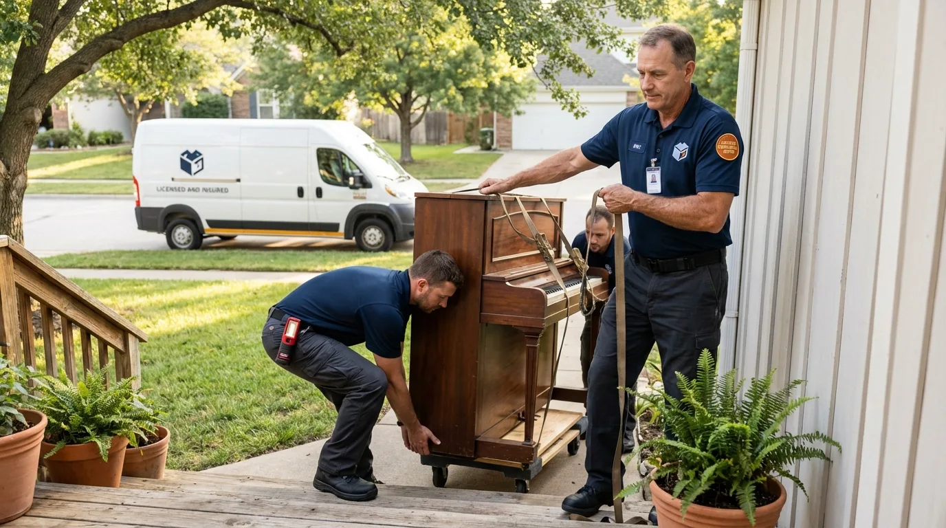 Licensed piano movers securing grand piano in Ada, OH