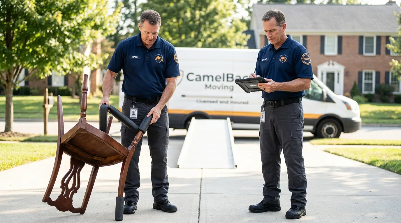 Movers inspecting furniture for damage prevention before loading in Ada, OH