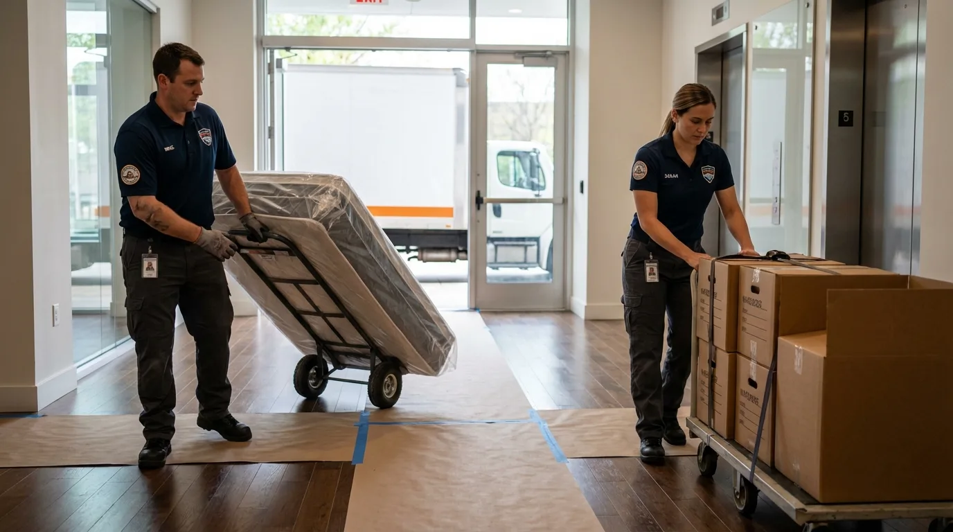Professional apartment movers loading elevator in Ada, OH